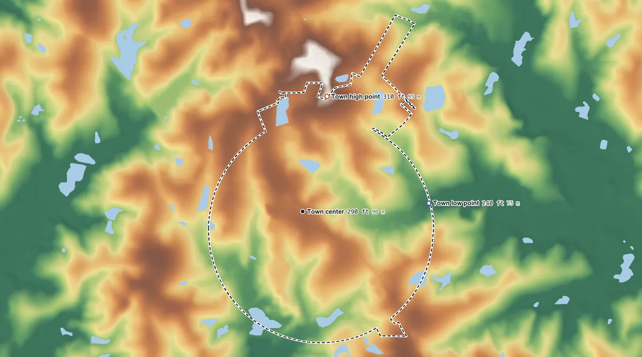 Topographic elevation map of Portal, Georgia, shaded from 240 ft on the east side to 310 ft on the north side