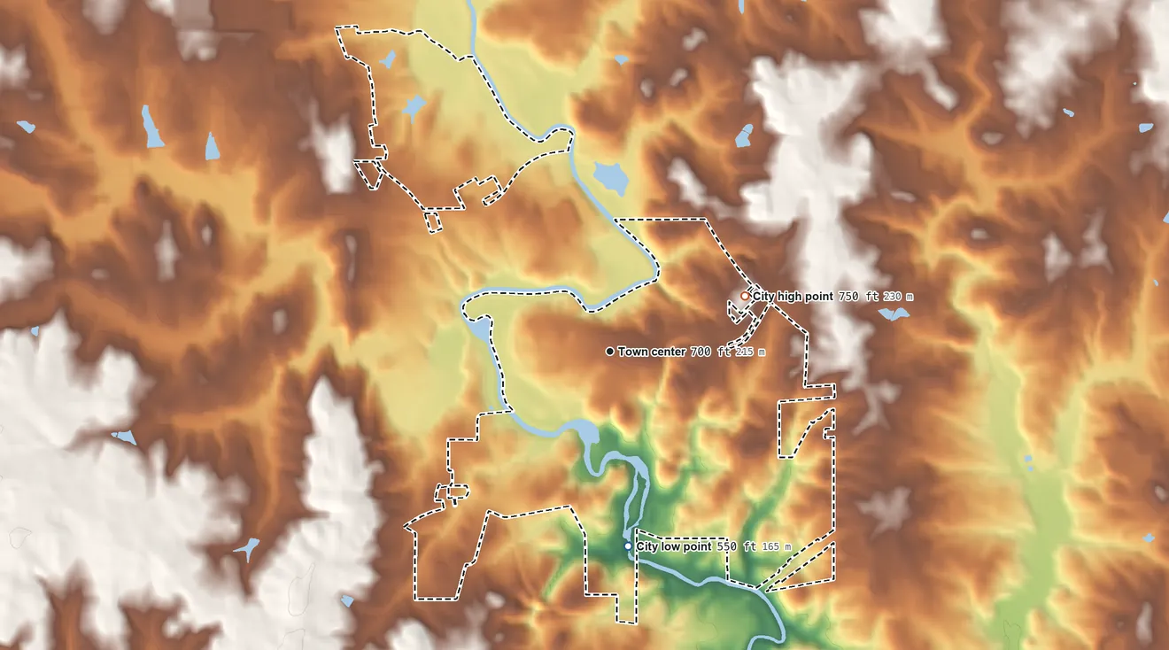 Topographic elevation map of Porterdale, Georgia, shaded from 550 ft on the south side to 750 ft on the east side