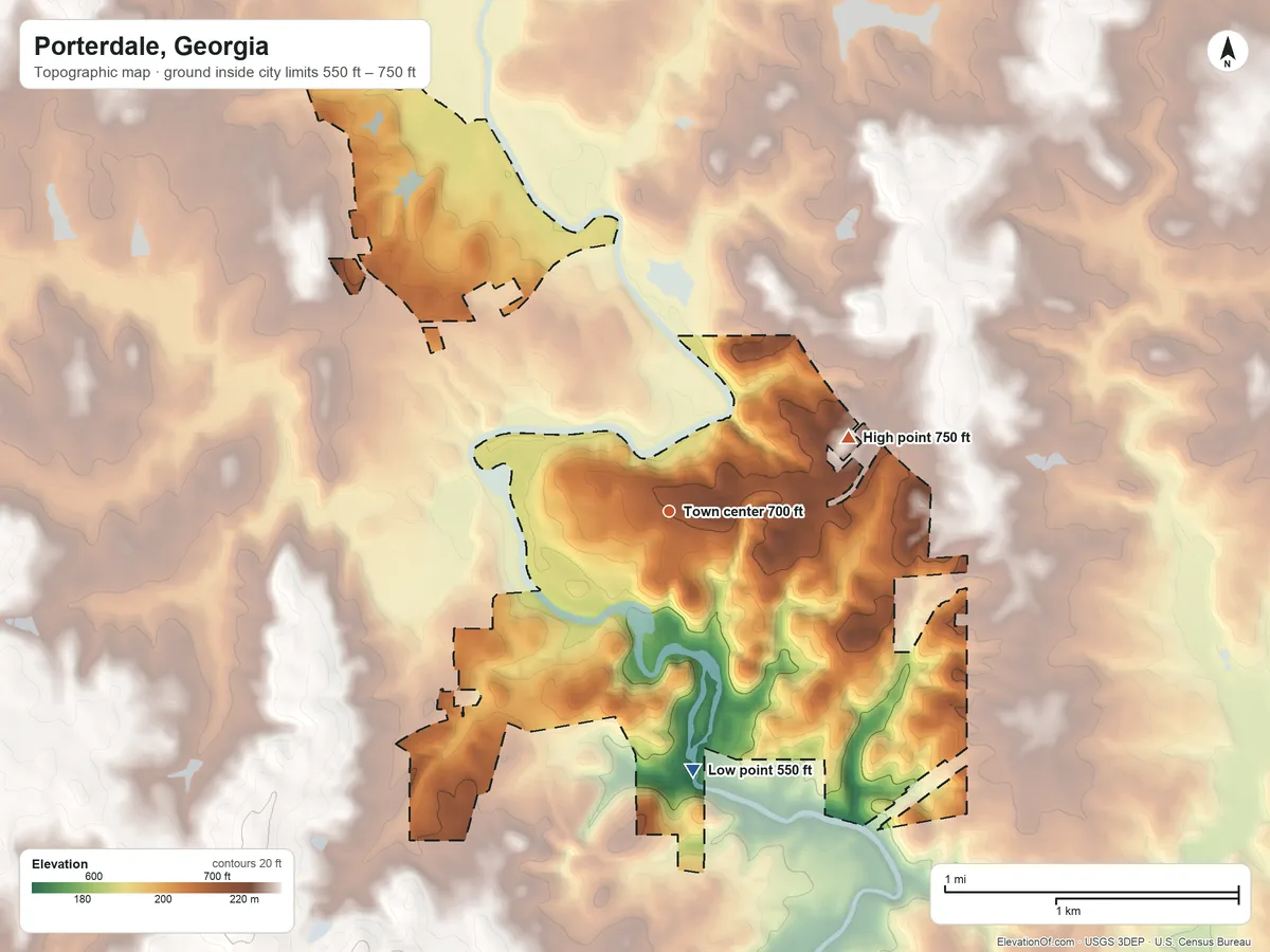 Topographic elevation map of Porterdale, Georgia, shaded from 550 ft on the south side to 750 ft on the east side