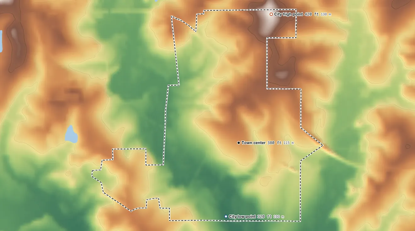 Topographic elevation map of Poulan, Georgia, shaded from 320 ft on the south side to 420 ft on the north side