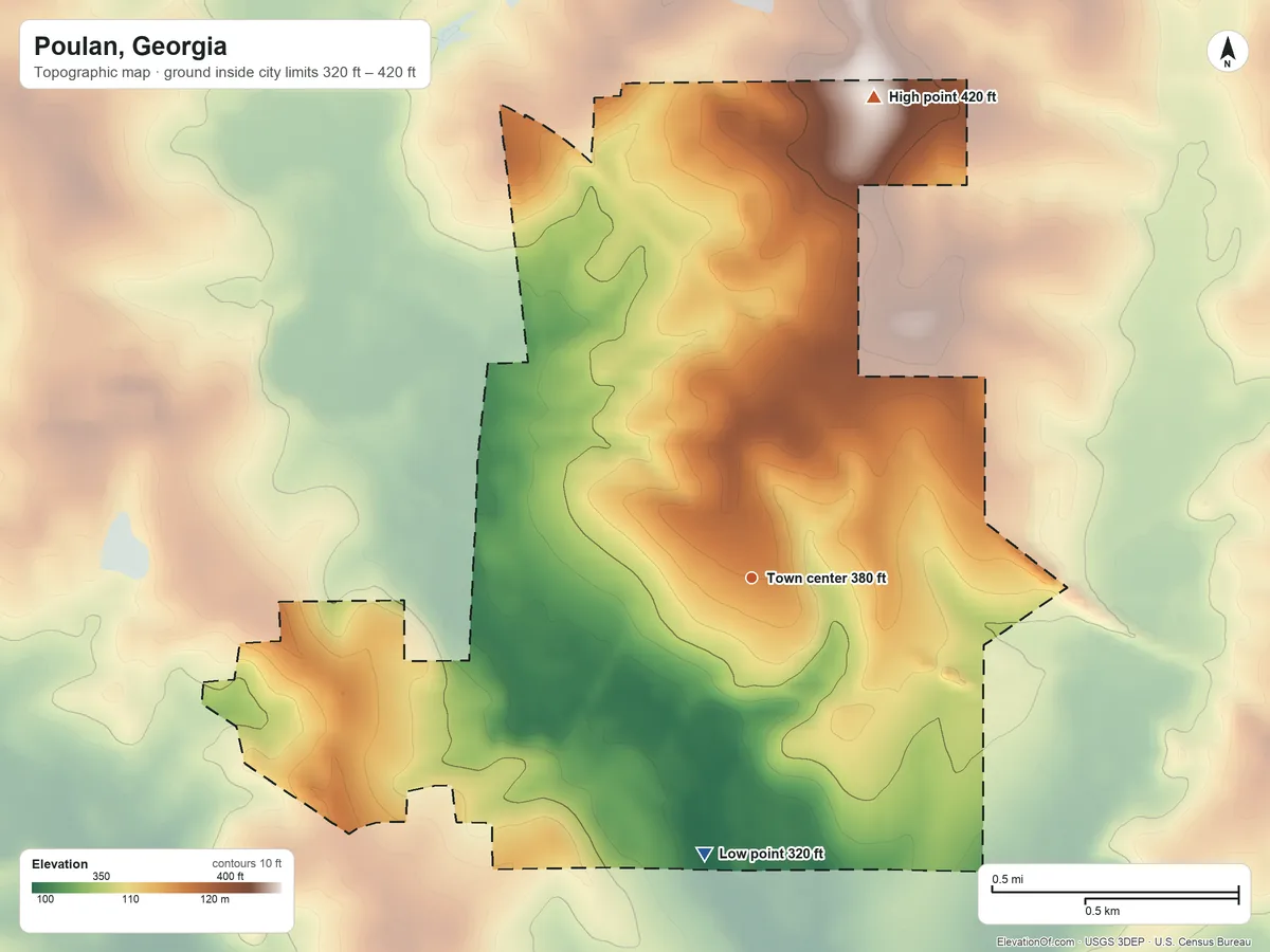 Topographic elevation map of Poulan, Georgia, shaded from 320 ft on the south side to 420 ft on the north side