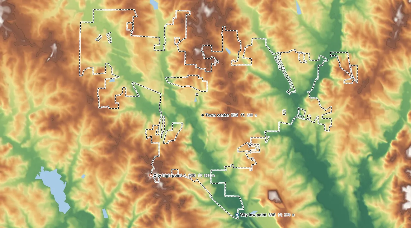 Topographic elevation map of Powder Springs, Georgia, shaded from 890 ft on the south side to 1,030 ft on the southwest side
