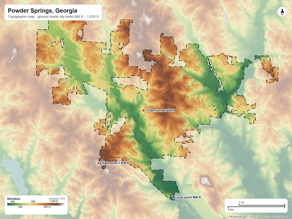 Topographic elevation map of Powder Springs, Georgia, shaded from 890 ft on the south side to 1,030 ft on the southwest side