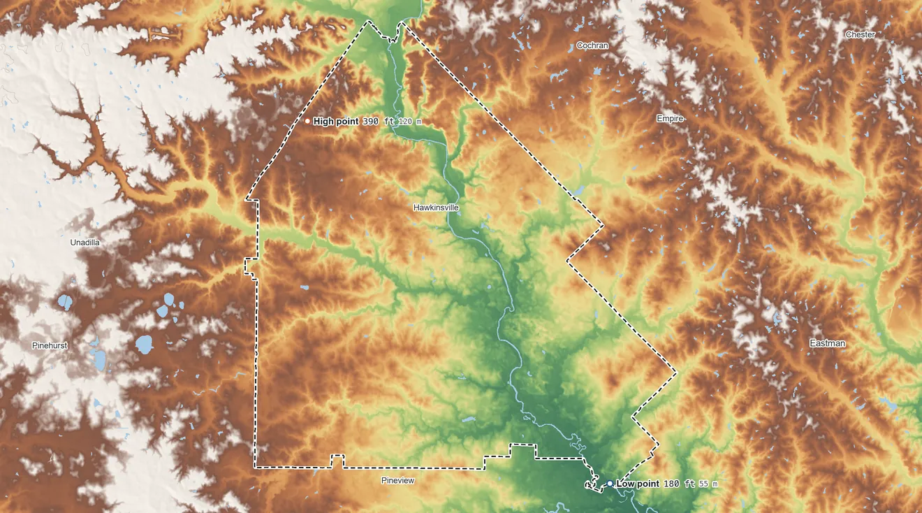 Topographic elevation map of Pulaski County, Georgia, shaded from 180 ft on the southeast side to 390 ft on the northwest side