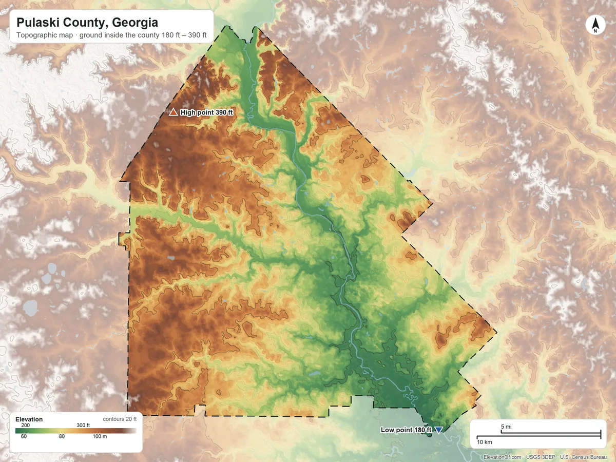 Topographic elevation map of Pulaski County, Georgia, shaded from 180 ft on the southeast side to 390 ft on the northwest side