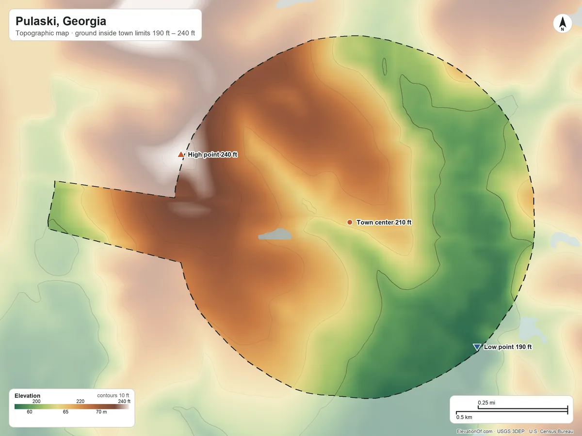 Topographic elevation map of Pulaski, Georgia, shaded from 190 ft on the southeast side to 240 ft on the west side