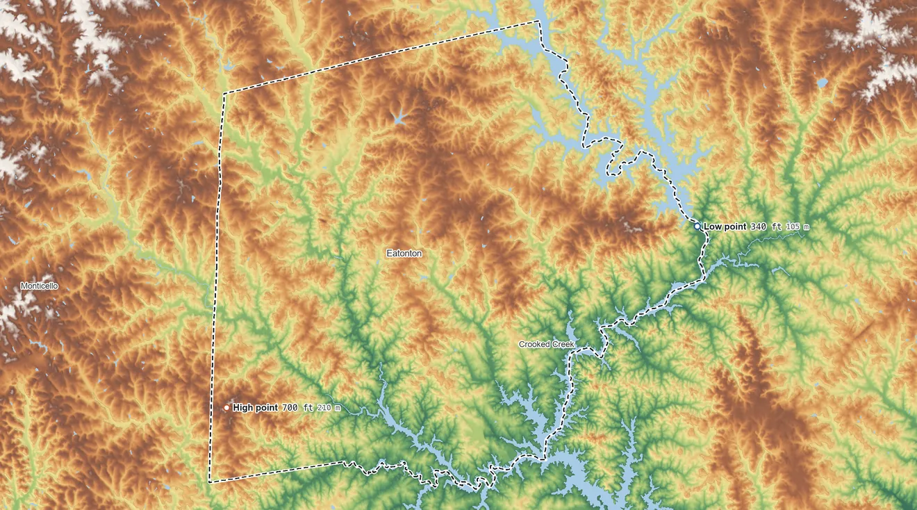 Topographic elevation map of Putnam County, Georgia, shaded from 340 ft on the east side to 700 ft on the southwest side