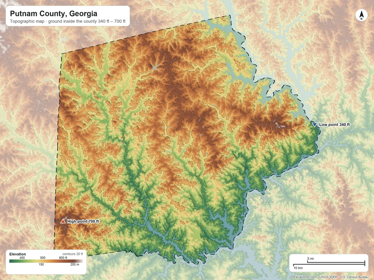 Topographic elevation map of Putnam County, Georgia, shaded from 340 ft on the east side to 700 ft on the southwest side