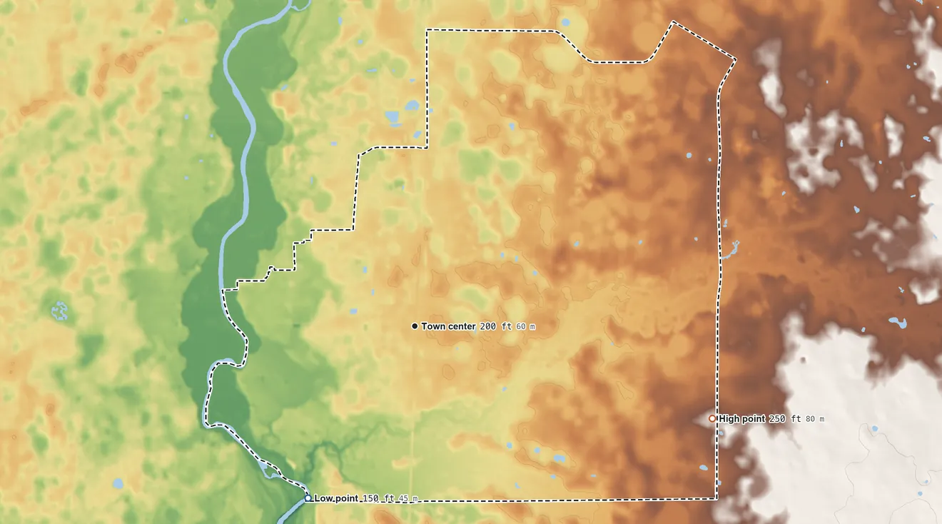 Topographic elevation map of Putney, Georgia, shaded from 150 ft on the southwest side to 250 ft on the east side