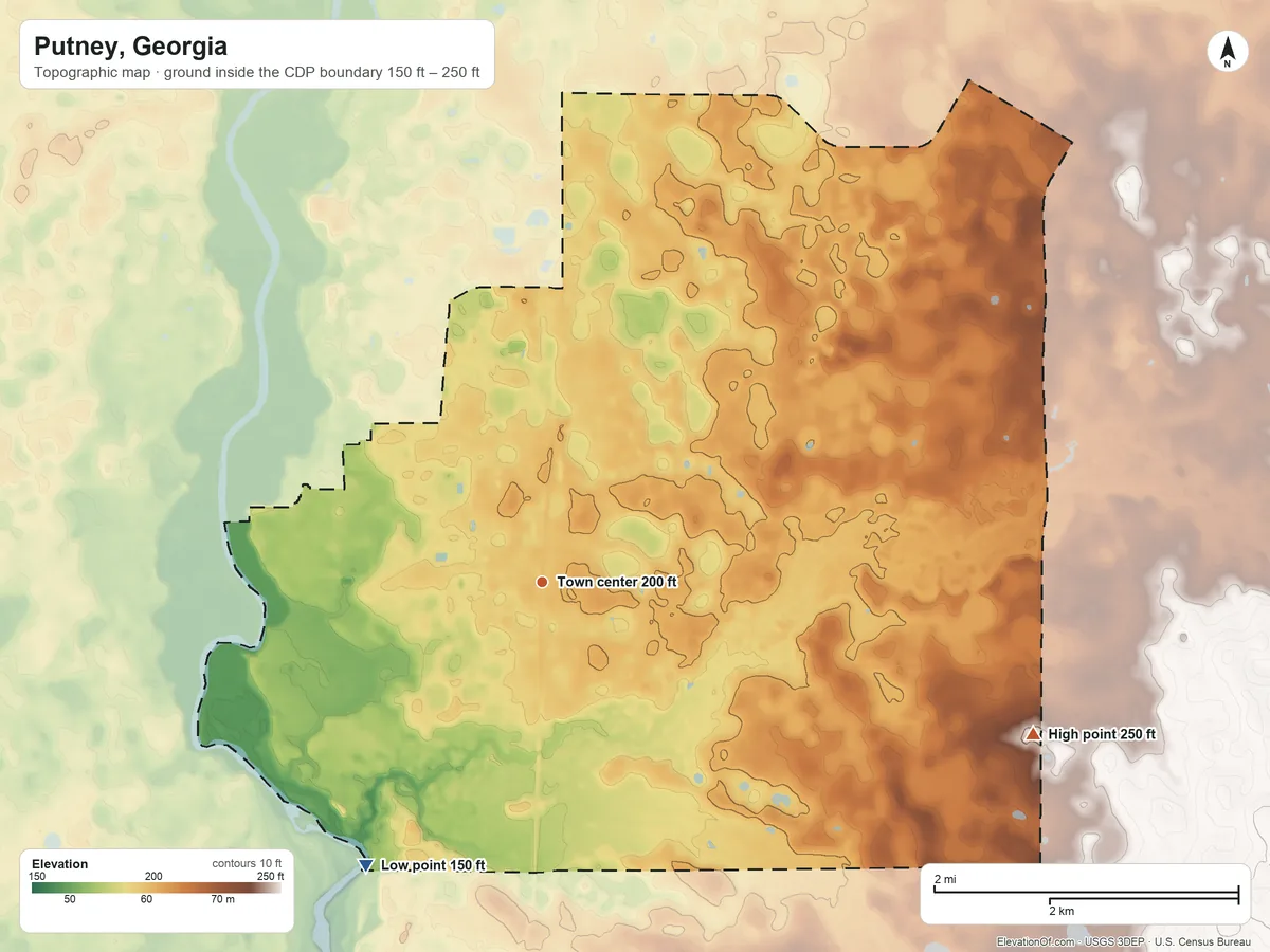 Topographic elevation map of Putney, Georgia, shaded from 150 ft on the southwest side to 250 ft on the east side