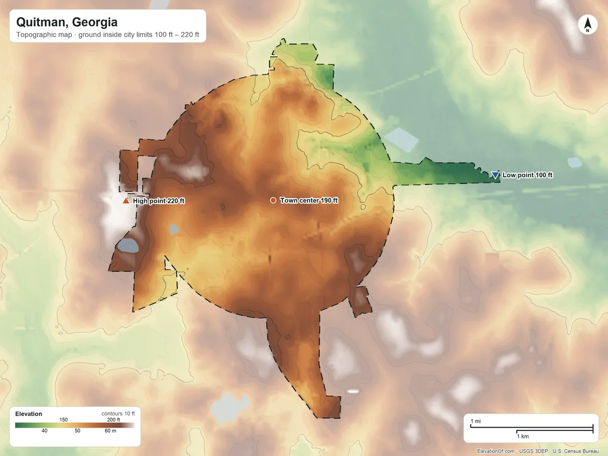 Topographic elevation map of Quitman, Georgia, shaded from 100 ft on the east side to 220 ft on the west side