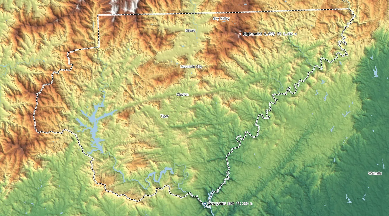 Topographic elevation map of Rabun County, Georgia, shaded from 890 ft on the south side to 4,698 ft on Rabun Bald