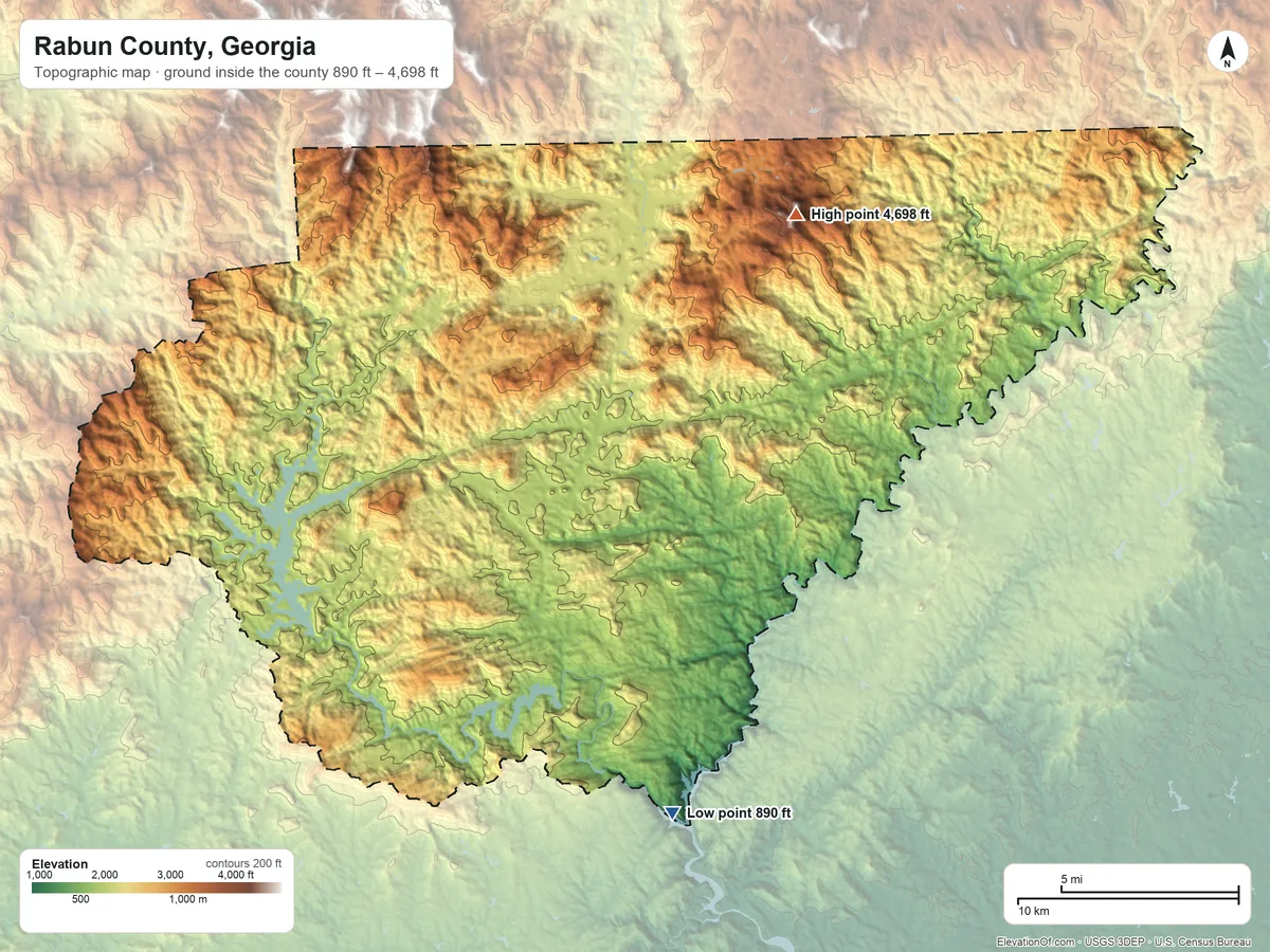 Topographic elevation map of Rabun County, Georgia, shaded from 890 ft on the south side to 4,698 ft on Rabun Bald