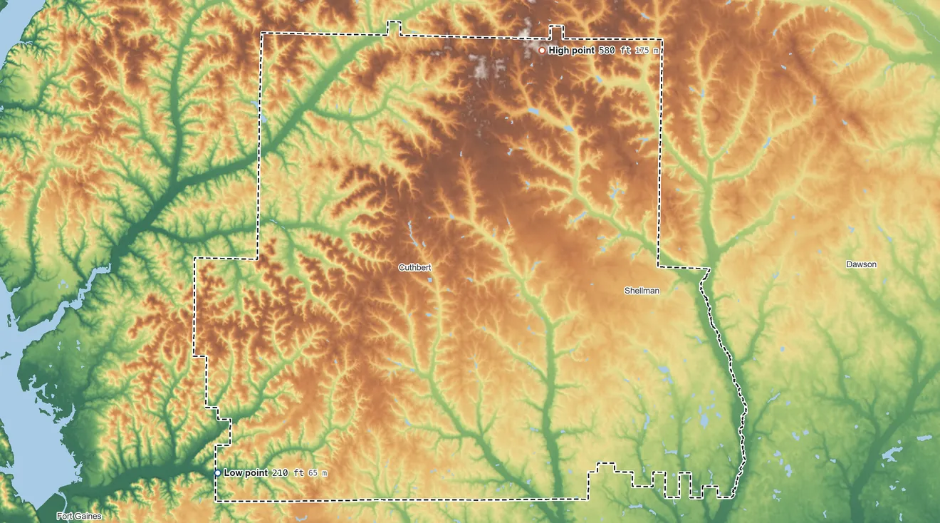 Topographic elevation map of Randolph County, Georgia, shaded from 210 ft on the southwest side to 580 ft on the north side