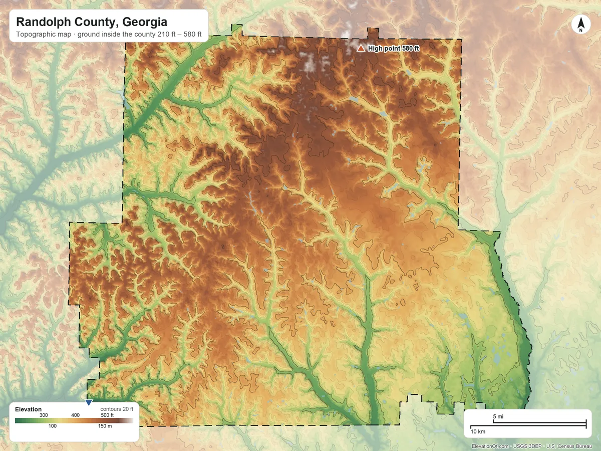 Topographic elevation map of Randolph County, Georgia, shaded from 210 ft on the southwest side to 580 ft on the north side