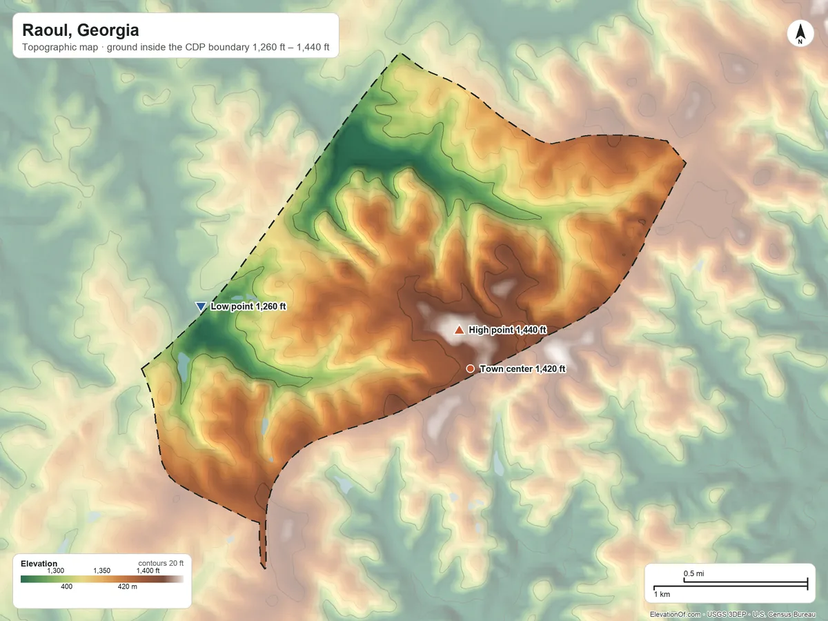 Topographic elevation map of Raoul, Georgia, shaded from 1,260 ft on the west side to 1,440 ft near the middle