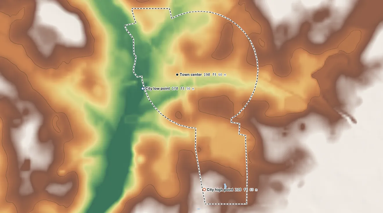 Topographic elevation map of Ray City, Georgia, shaded from 170 ft on the west side to 210 ft on the south side