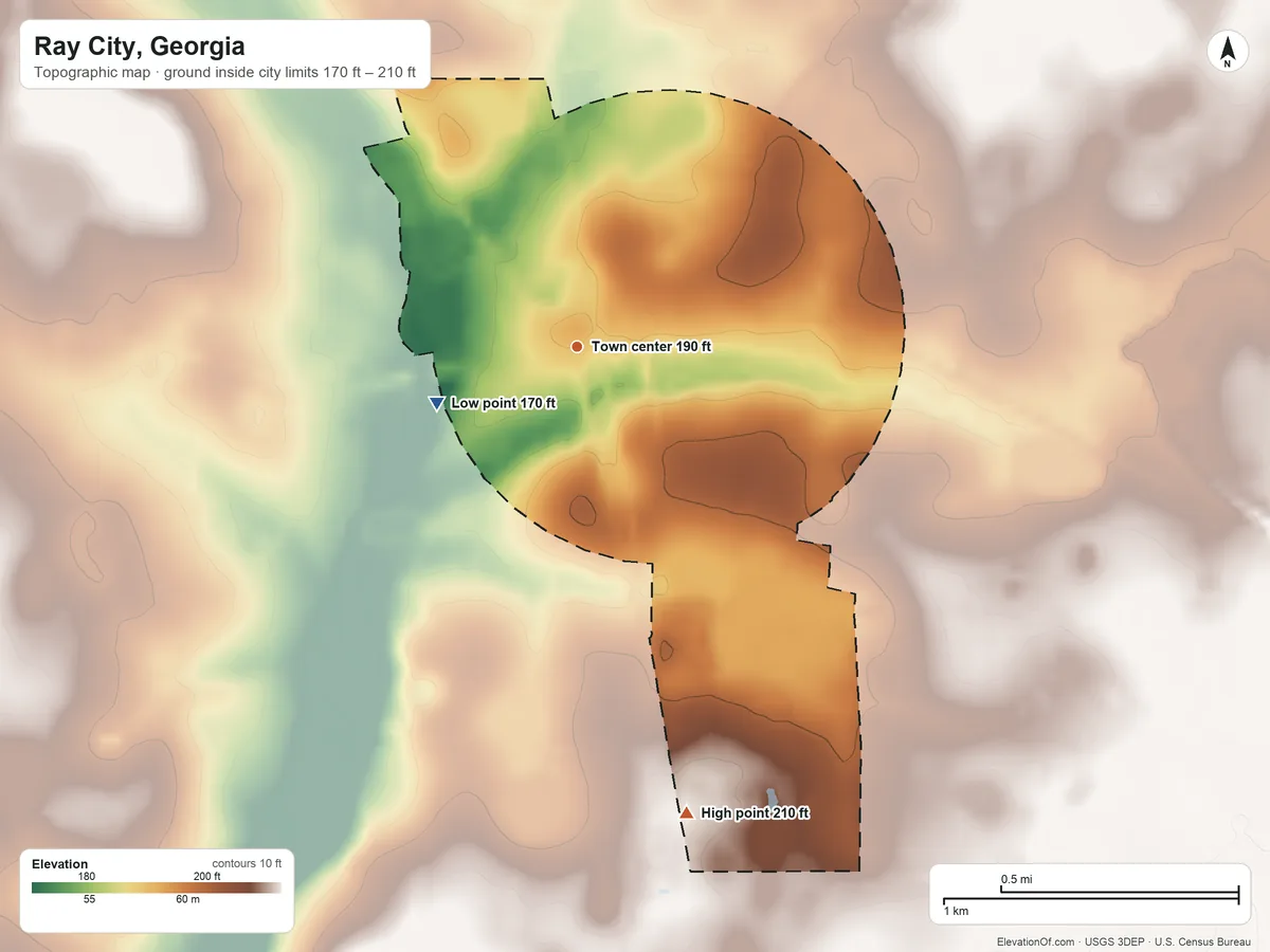 Topographic elevation map of Ray City, Georgia, shaded from 170 ft on the west side to 210 ft on the south side