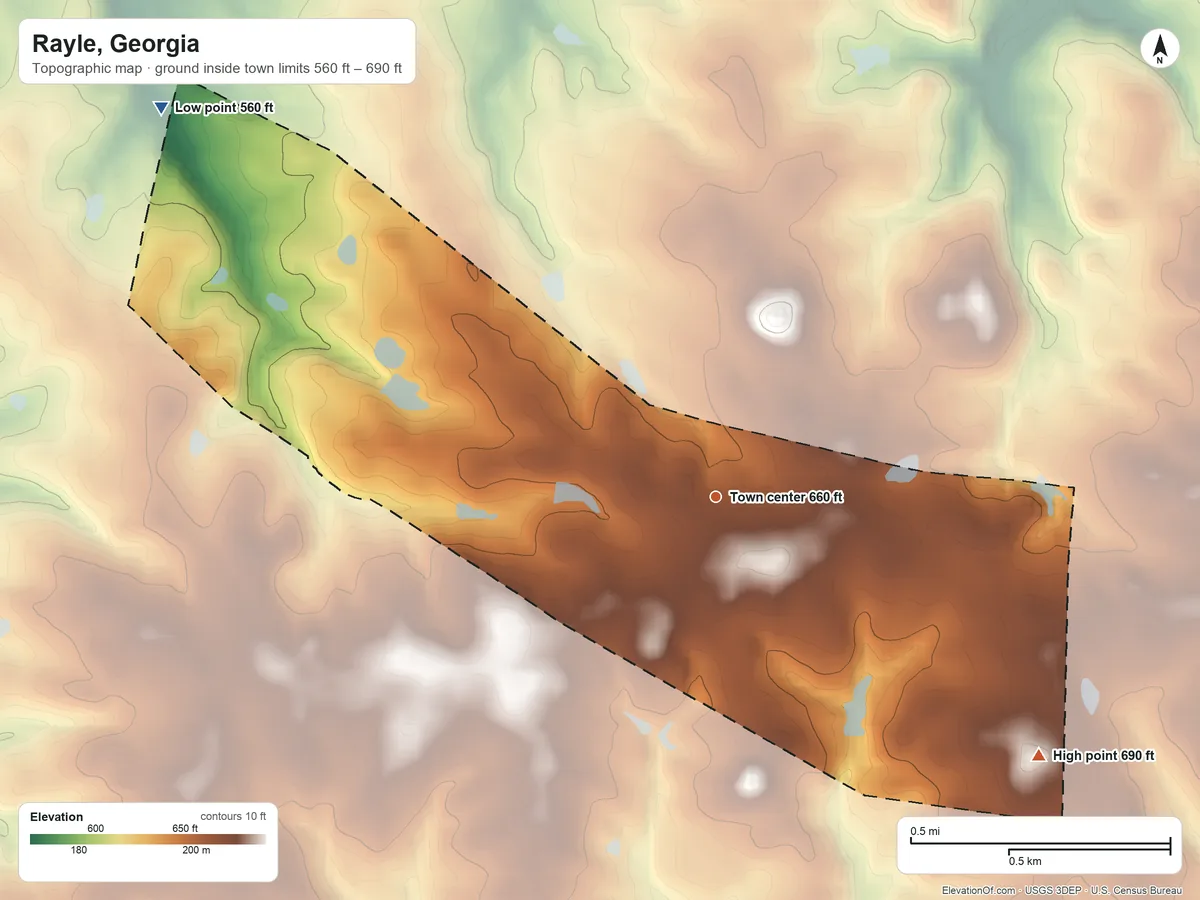 Topographic elevation map of Rayle, Georgia, shaded from 560 ft on the northwest side to 690 ft on the southeast side