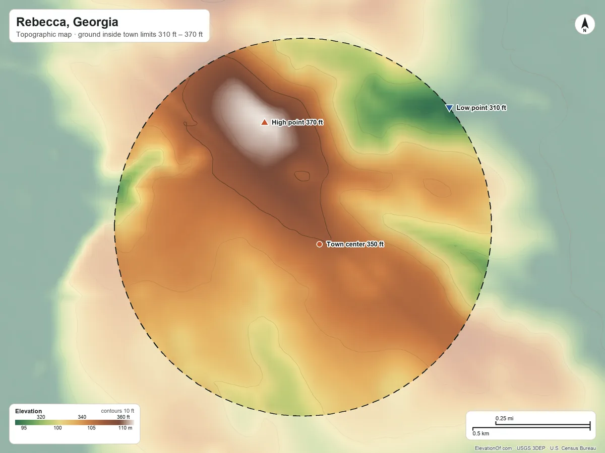 Topographic elevation map of Rebecca, Georgia, shaded from 310 ft on the northeast side to 370 ft on the northwest side