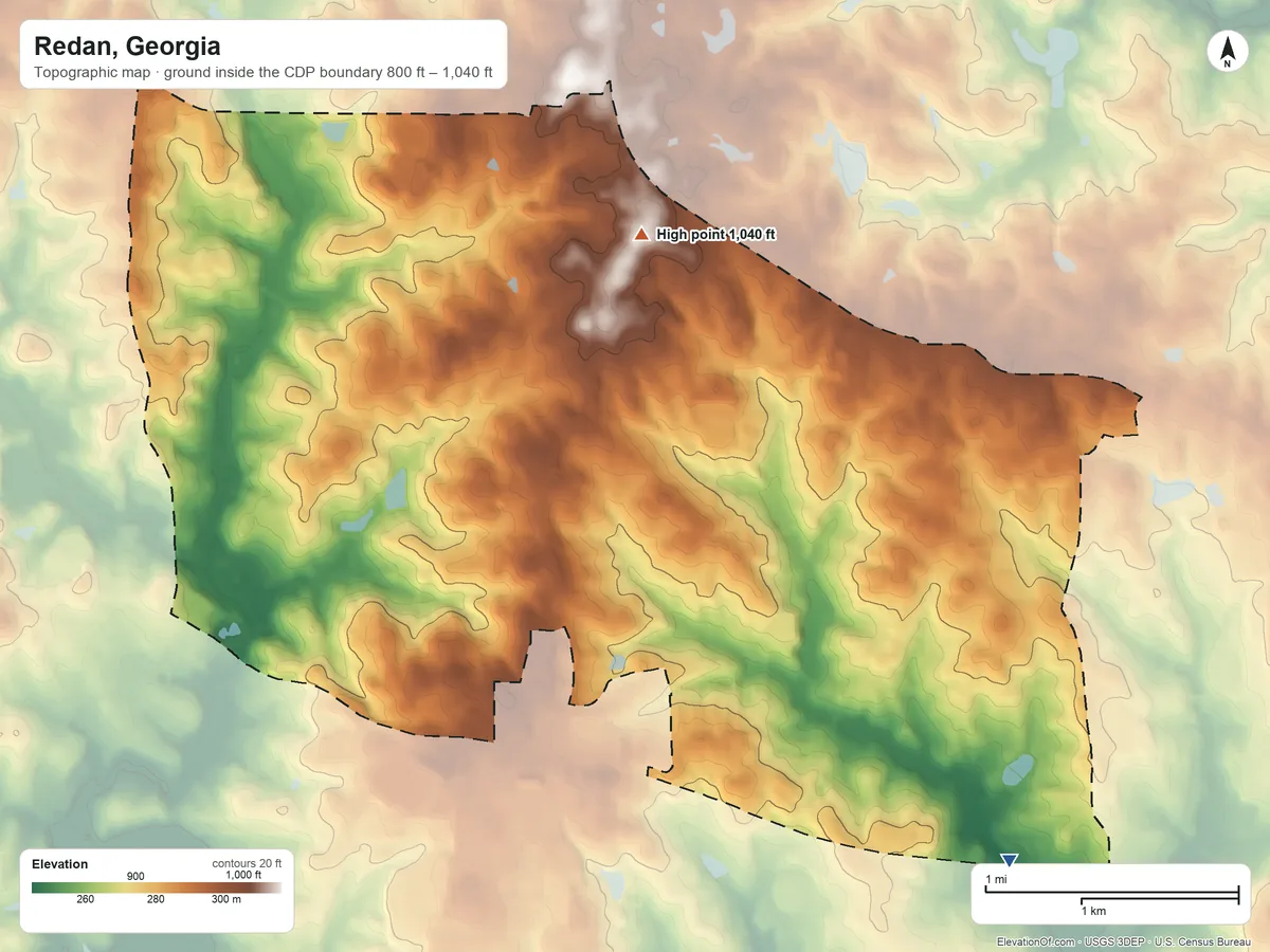 Topographic elevation map of Redan, Georgia, shaded from 800 ft on the southeast side to 1,040 ft on the north side