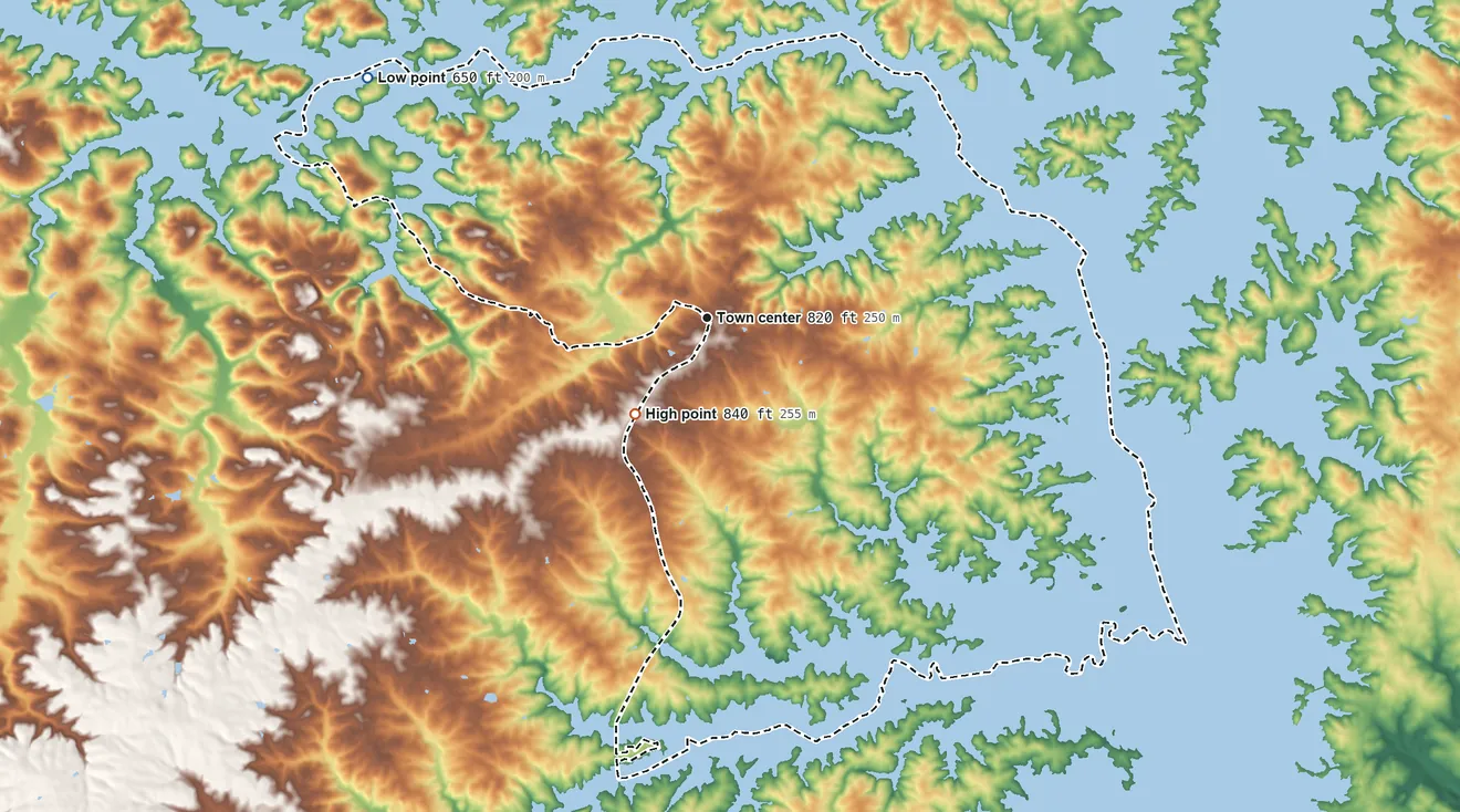 Topographic elevation map of Reed Creek, Georgia, shaded from 650 ft on the northwest side to 840 ft on the southwest side