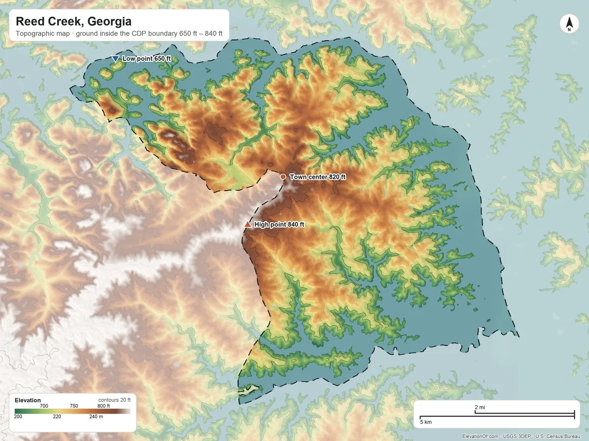 Topographic elevation map of Reed Creek, Georgia, shaded from 650 ft on the northwest side to 840 ft on the southwest side