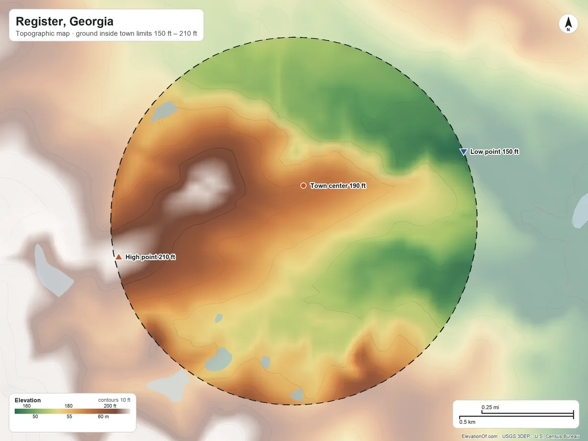 Topographic elevation map of Register, Georgia, shaded from 150 ft on the east side to 210 ft on the west side