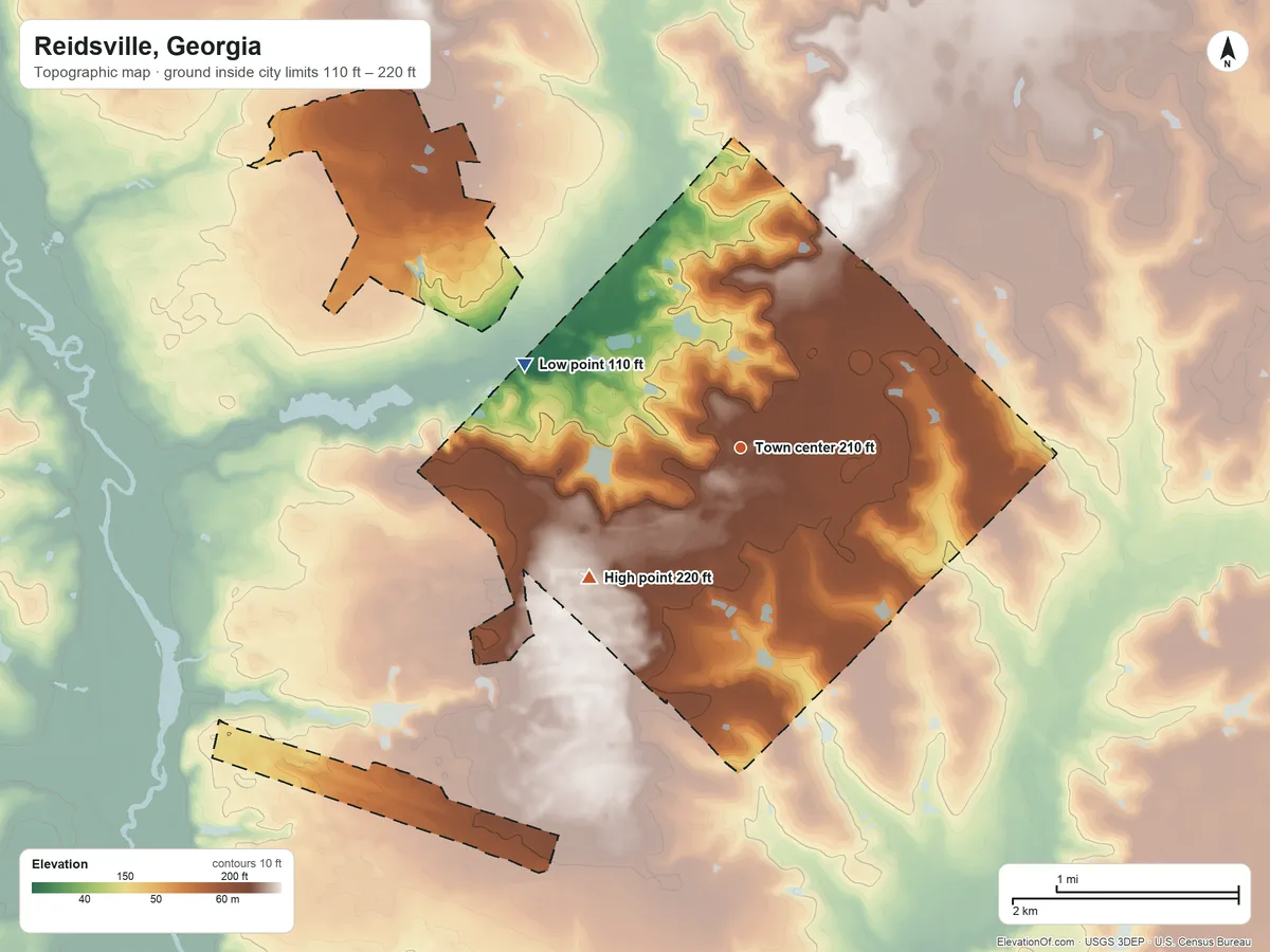 Topographic elevation map of Reidsville, Georgia, shaded from 110 ft on the west side to 220 ft on the southwest side