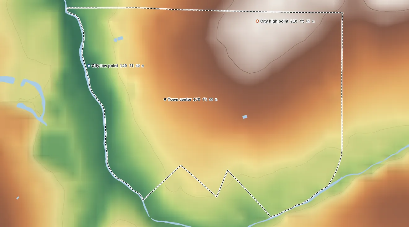 Topographic elevation map of Remerton, Georgia, shaded from 140 ft on the northwest side to 210 ft on the northeast side