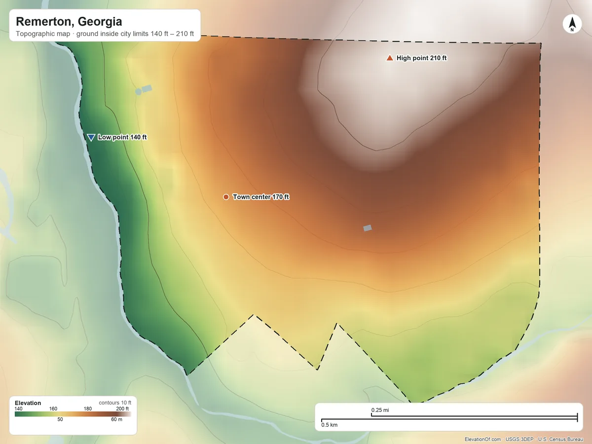 Topographic elevation map of Remerton, Georgia, shaded from 140 ft on the northwest side to 210 ft on the northeast side