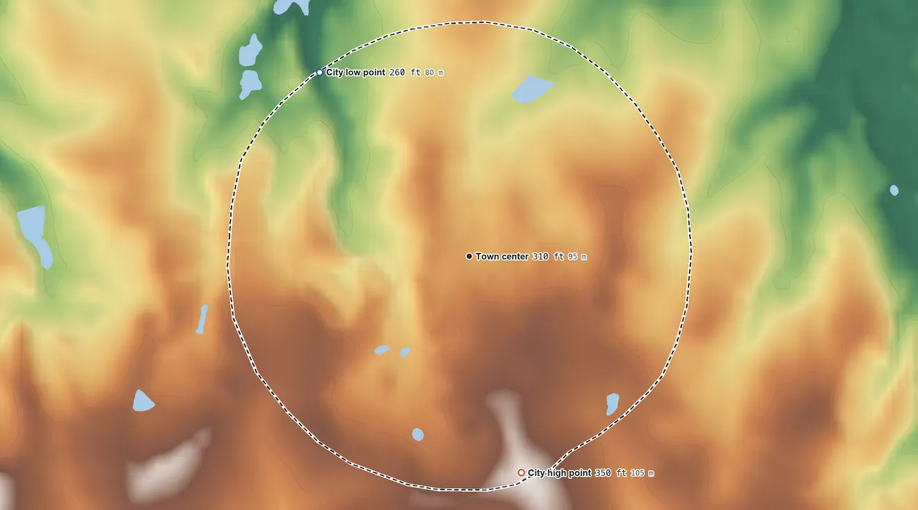 Topographic elevation map of Rentz, Georgia, shaded from 260 ft on the northwest side to 350 ft on the south side