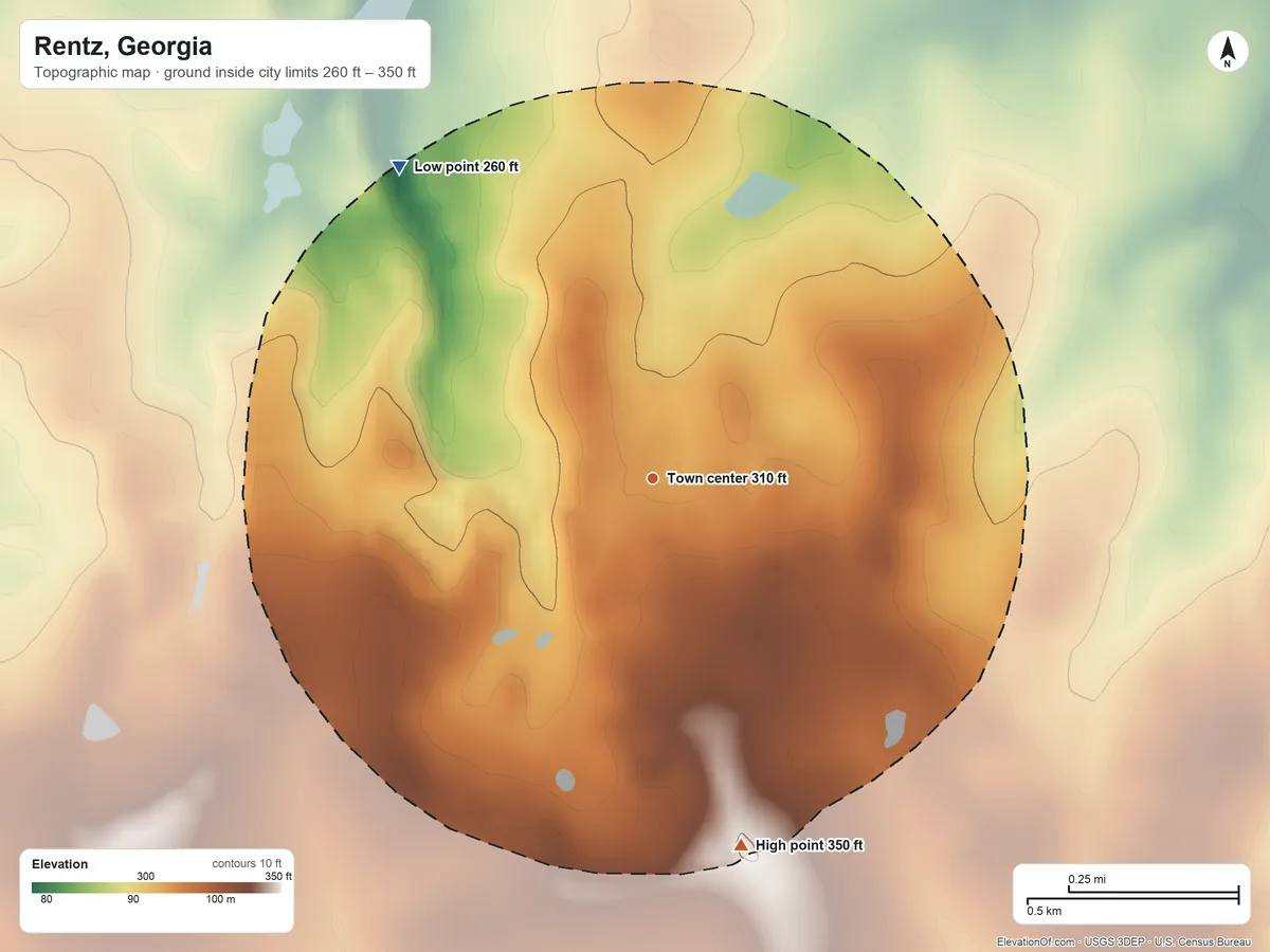 Topographic elevation map of Rentz, Georgia, shaded from 260 ft on the northwest side to 350 ft on the south side