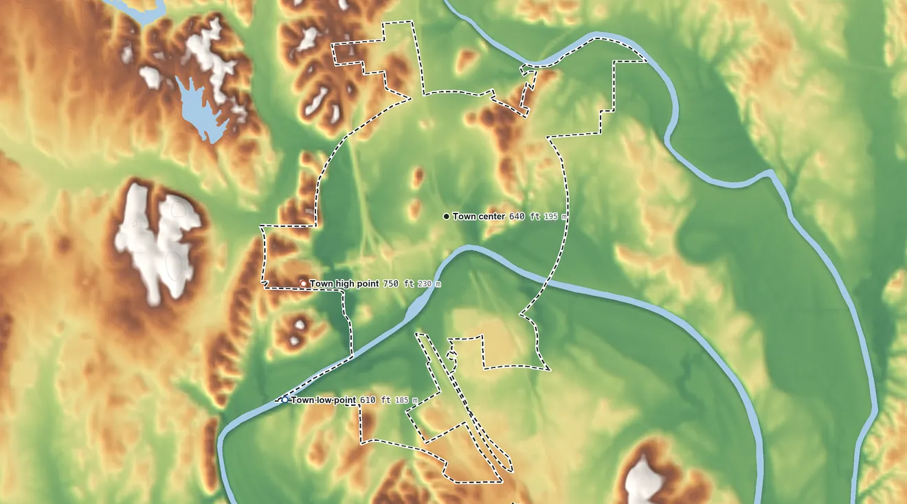 Topographic elevation map of Resaca, Georgia, shaded from 610 ft on the southwest side to 750 ft on the southwest side