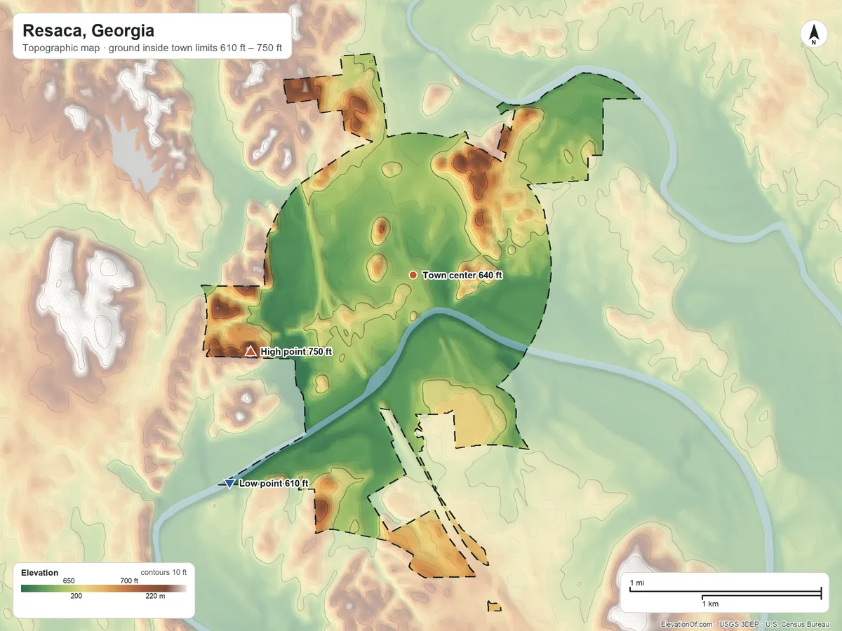 Topographic elevation map of Resaca, Georgia, shaded from 610 ft on the southwest side to 750 ft on the southwest side