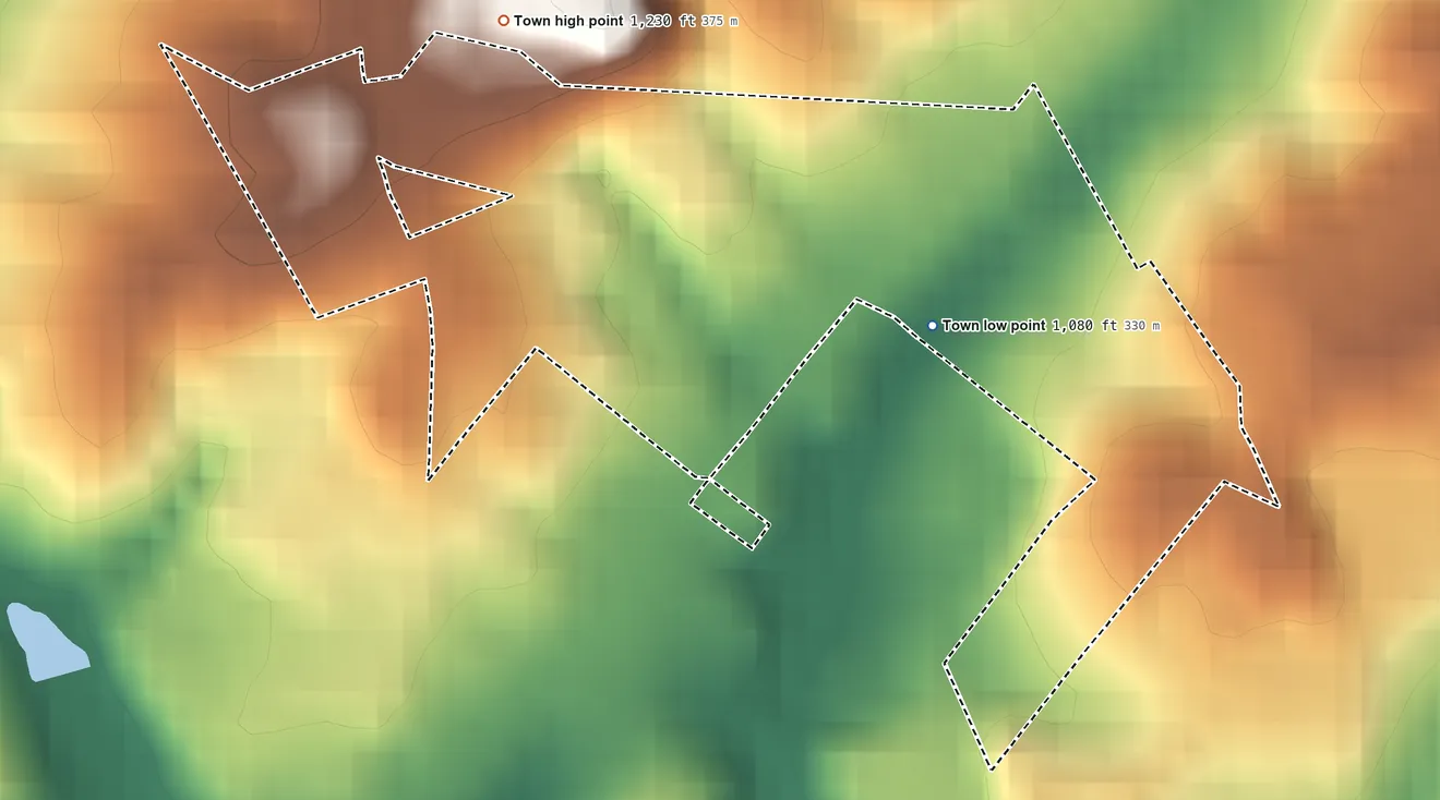 Topographic elevation map of Rest Haven, Georgia, shaded from 1,080 ft near the middle to 1,230 ft on the northwest side