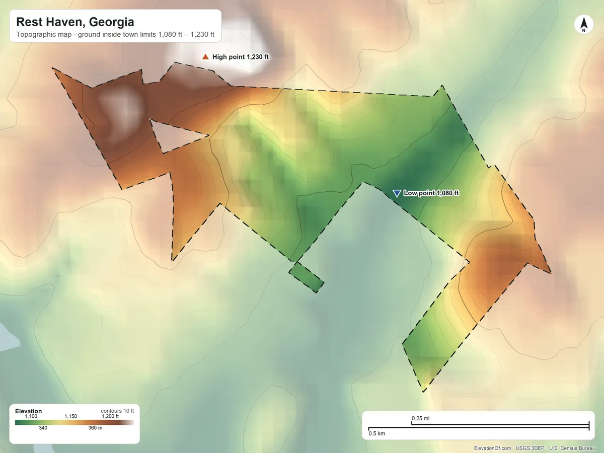 Topographic elevation map of Rest Haven, Georgia, shaded from 1,080 ft near the middle to 1,230 ft on the northwest side