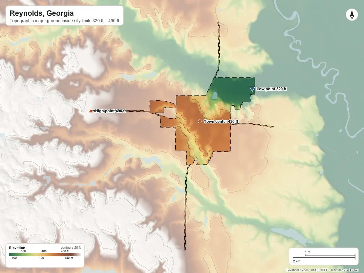 Topographic elevation map of Reynolds, Georgia, shaded from 320 ft on the northeast side to 490 ft on the west side