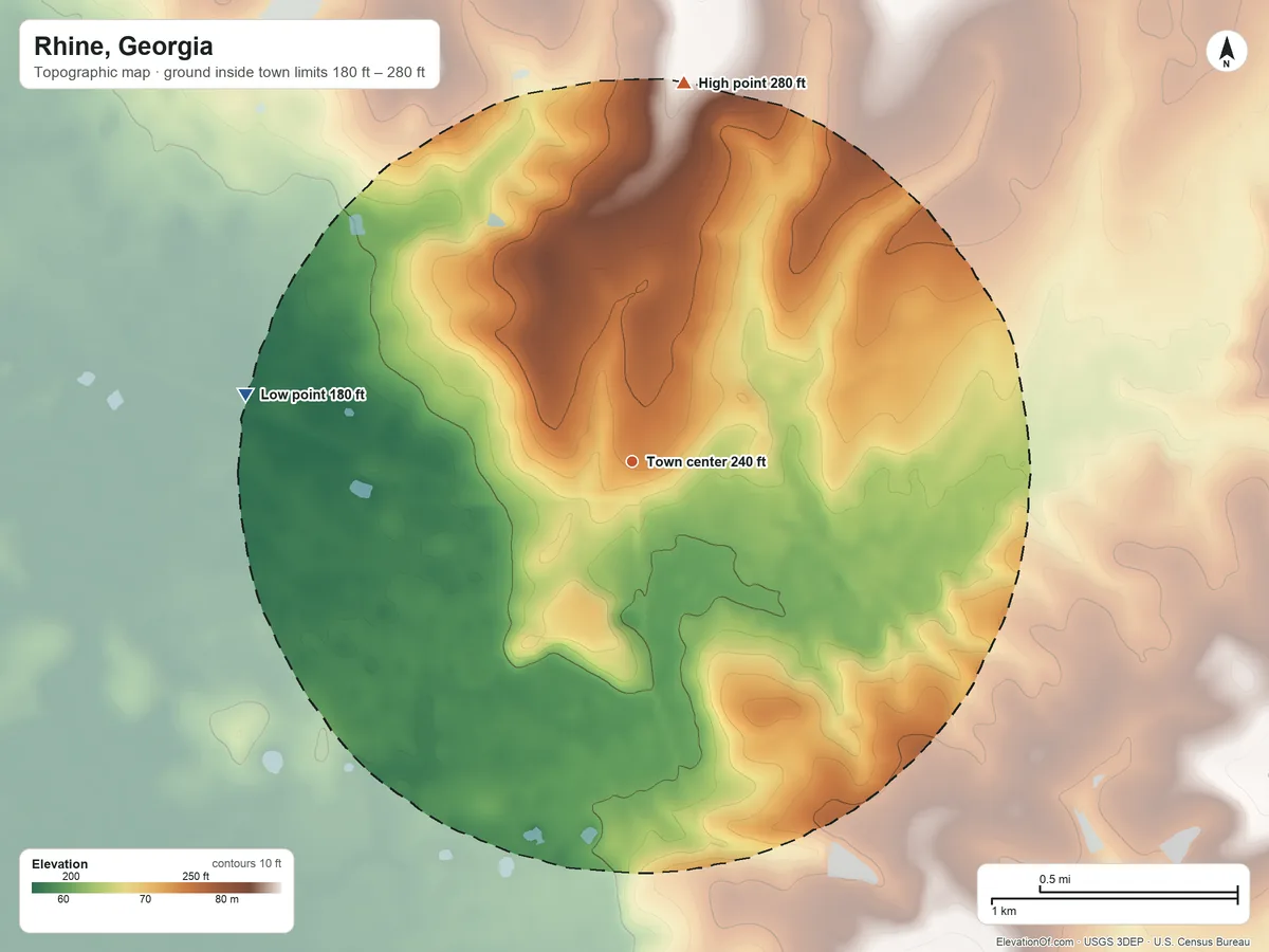 Topographic elevation map of Rhine, Georgia, shaded from 180 ft on the west side to 280 ft on the north side