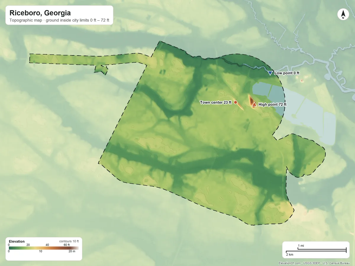 Topographic elevation map of Riceboro, Georgia, shaded from 0 ft on the northeast side to 72 ft near the middle