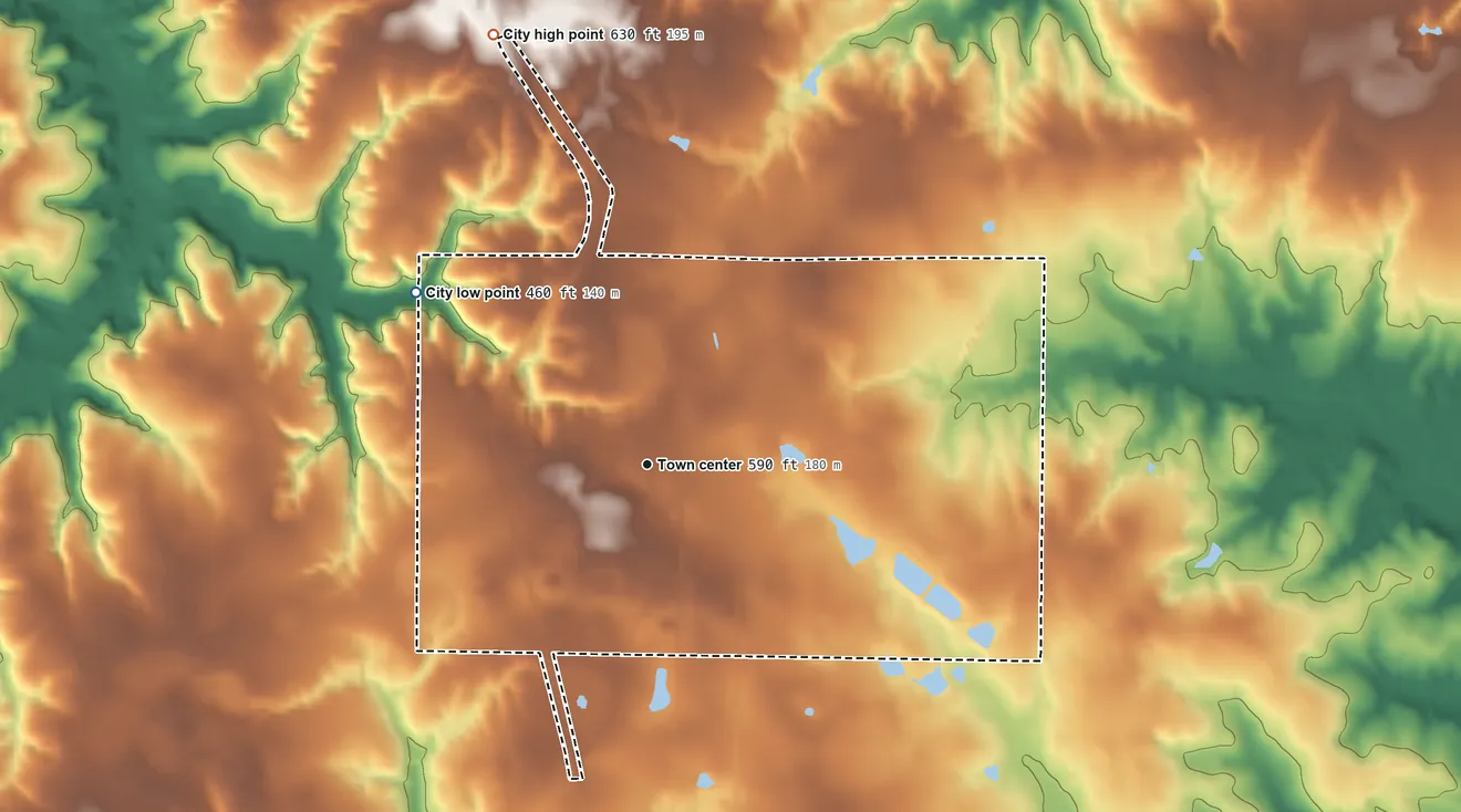Topographic elevation map of Richland, Georgia, shaded from 460 ft on the northwest side to 630 ft on the north side