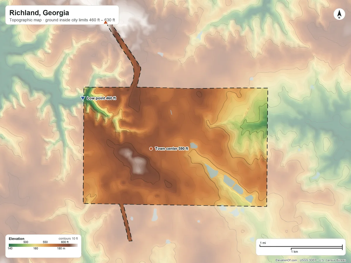 Topographic elevation map of Richland, Georgia, shaded from 460 ft on the northwest side to 630 ft on the north side