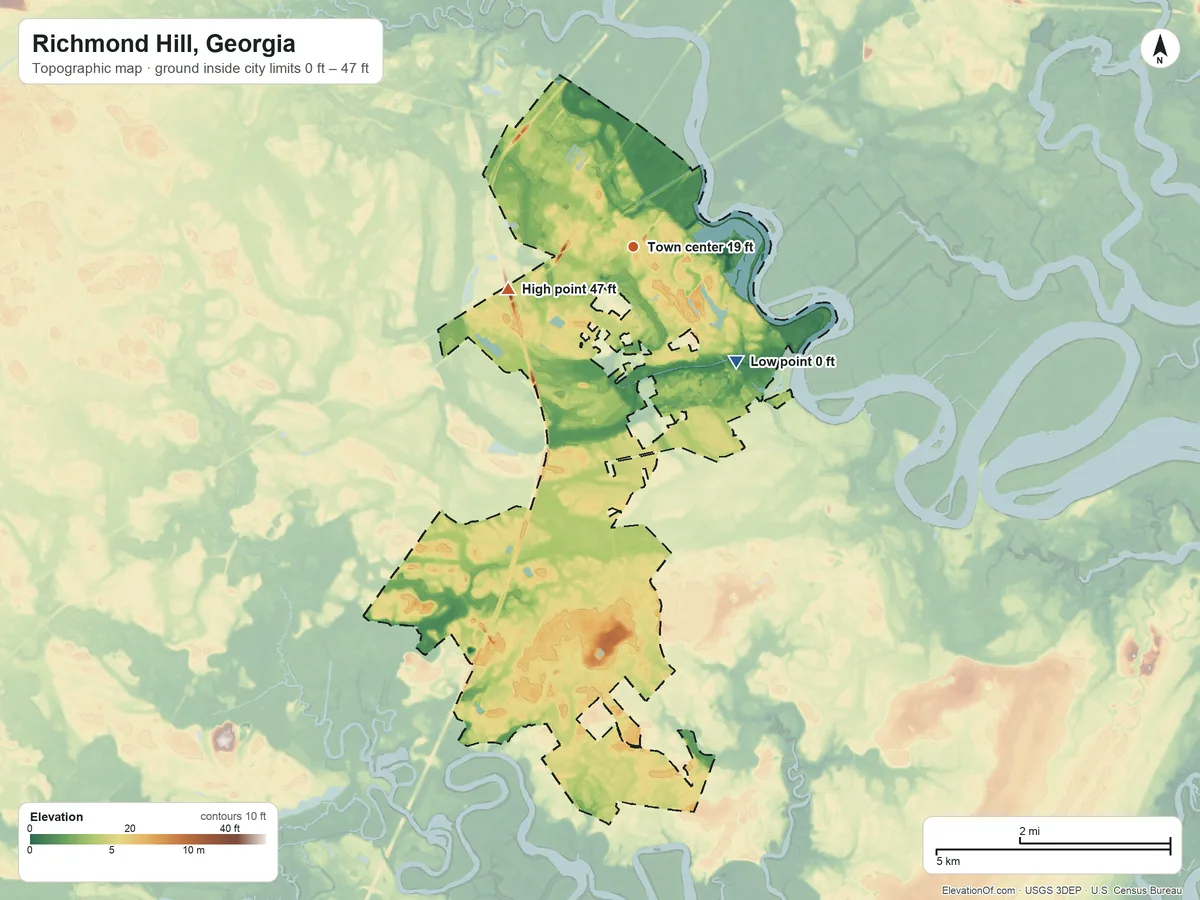 Topographic elevation map of Richmond Hill, Georgia, shaded from 0 ft on the southeast side to 47 ft on the west side