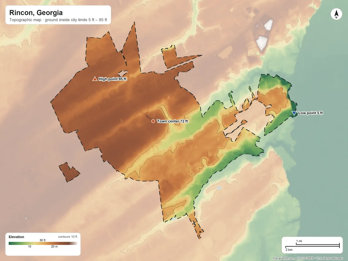 Topographic elevation map of Rincon, Georgia, shaded from 5 ft on the east side to 95 ft on the northwest side