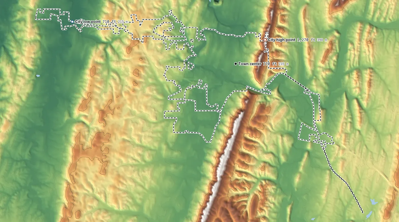 Topographic elevation map of Ringgold, Georgia, shaded from 710 ft on the west side to 1,270 ft near the middle