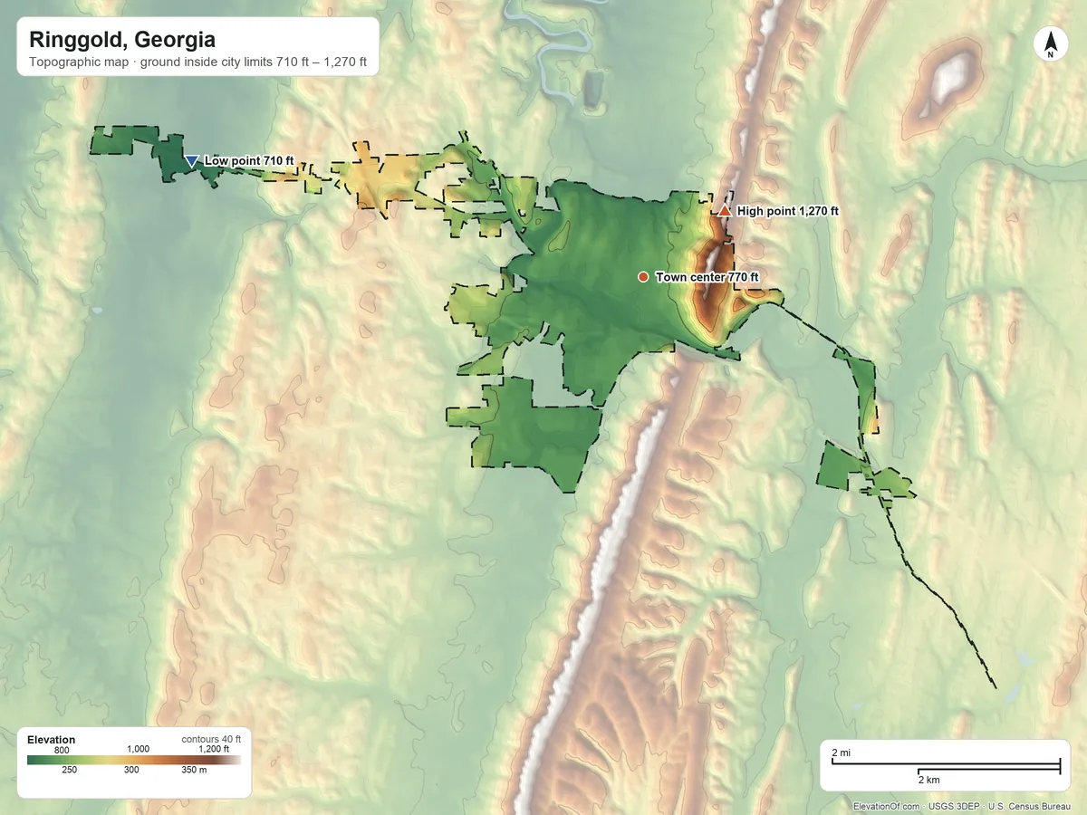 Topographic elevation map of Ringgold, Georgia, shaded from 710 ft on the west side to 1,270 ft near the middle