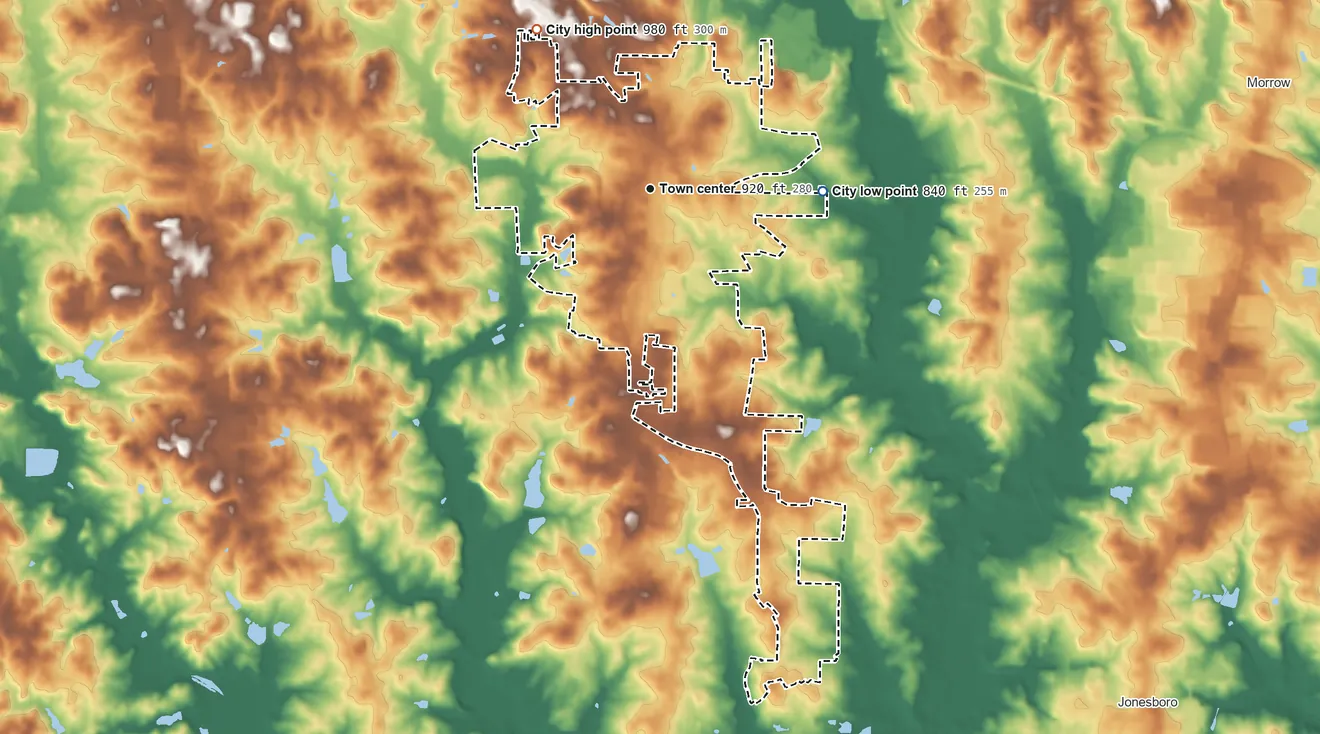 Topographic elevation map of Riverdale, Georgia, shaded from 840 ft on the east side to 980 ft on the northwest side