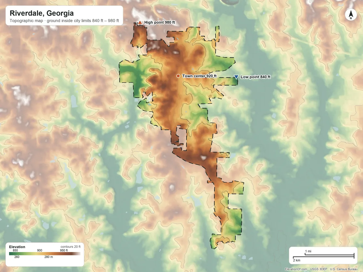 Topographic elevation map of Riverdale, Georgia, shaded from 840 ft on the east side to 980 ft on the northwest side