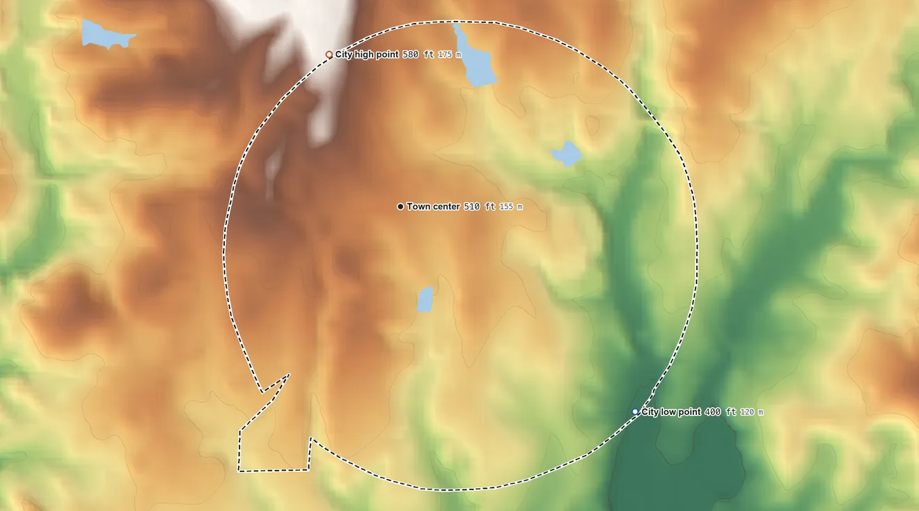 Topographic elevation map of Roberta, Georgia, shaded from 400 ft on the southeast side to 580 ft on the northwest side
