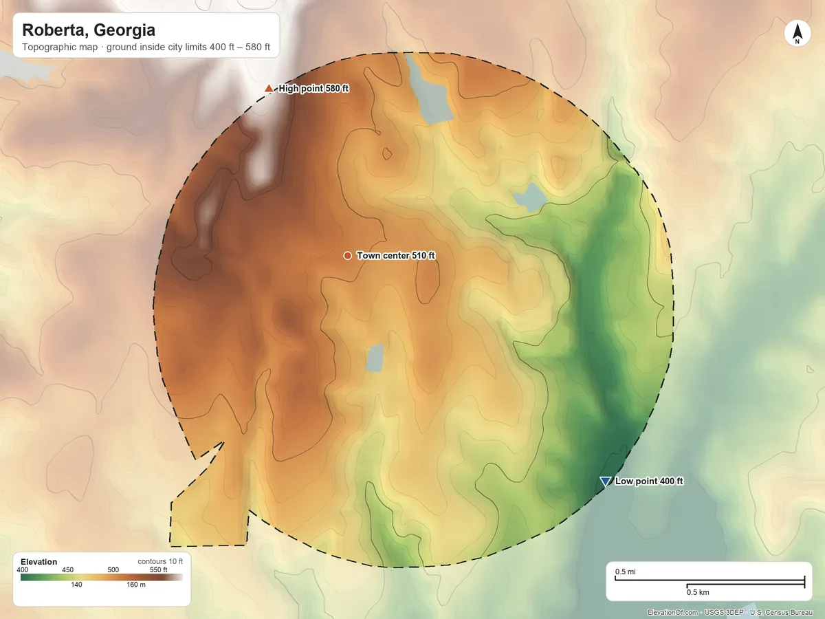 Topographic elevation map of Roberta, Georgia, shaded from 400 ft on the southeast side to 580 ft on the northwest side